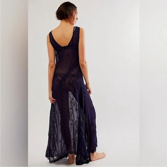 Free People Yours Truly Navy Embroidered Cowl Neck Sheer Maxi Slip Dress Small - Picture 2 of 12